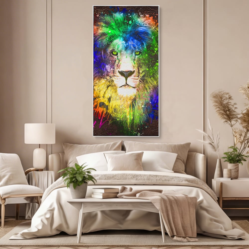 Tablou Canvas Premium LuxCanva® A1132, Leu Colorat , Multicolor, Regele Junglei, Verde, Culori Vibrante