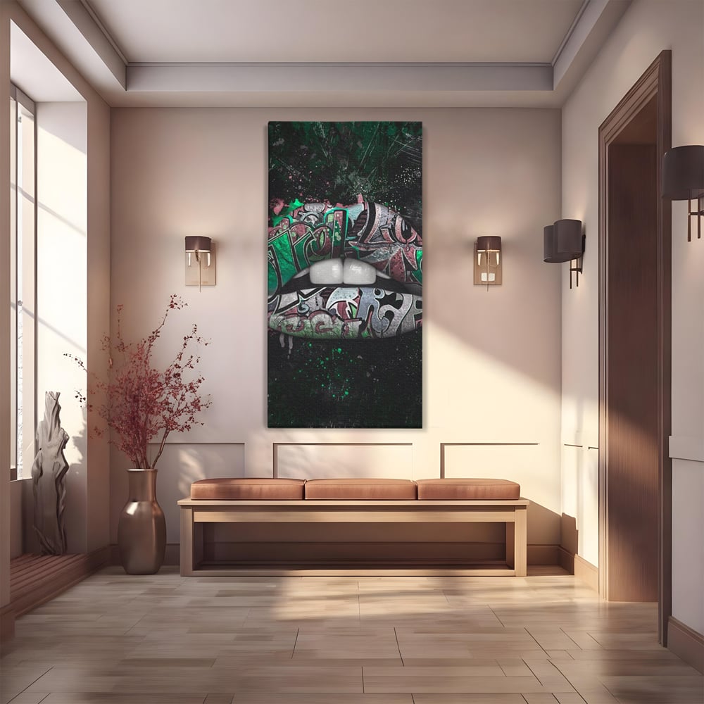 Tablou Canvas Premium LuxCanva® A1148, Green Lips ,  Decorativ, Verde, Buze, Kiss, Culori Vibrante