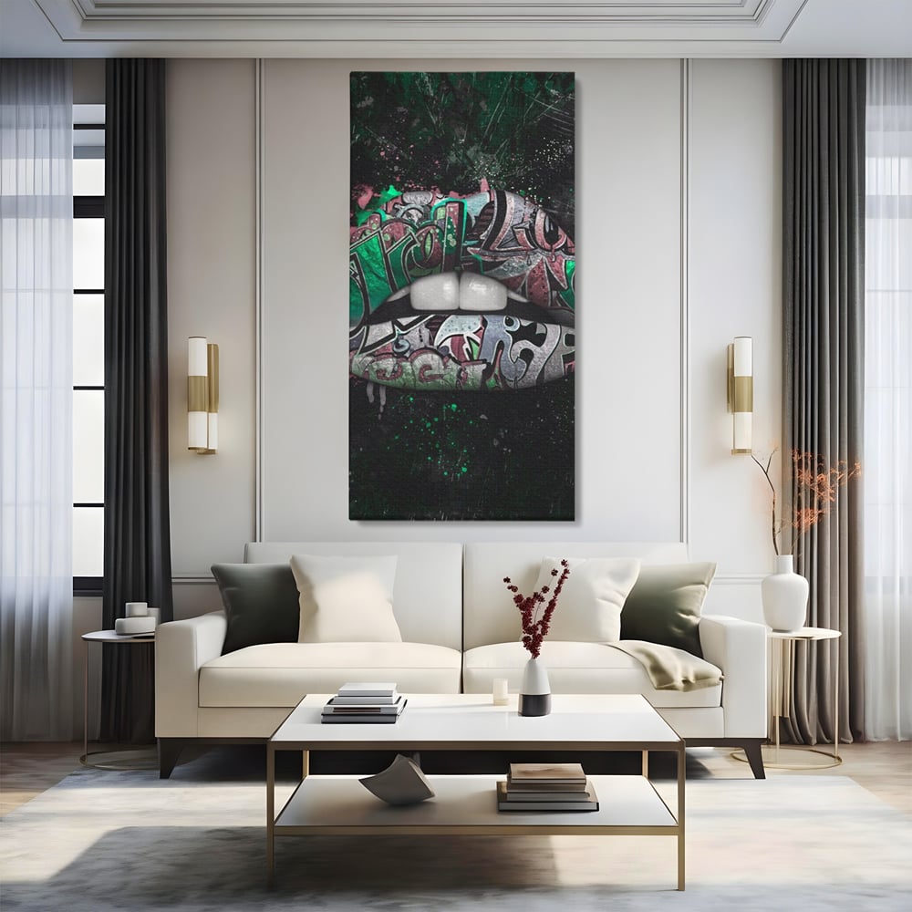 Tablou Canvas Premium LuxCanva® A1148, Green Lips ,  Decorativ, Verde, Buze, Kiss, Culori Vibrante
