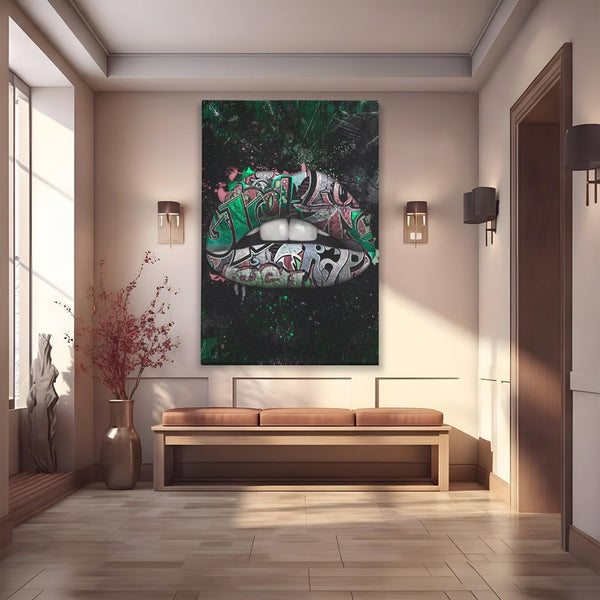Tablou Canvas Premium LuxCanva® A1148, Green Lips ,  Decorativ, Verde, Buze, Kiss, Culori Vibrante