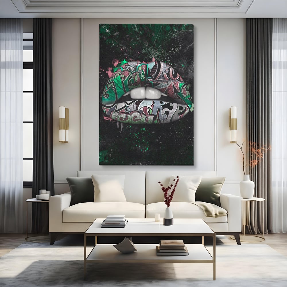 Tablou Canvas Premium LuxCanva® A1148, Green Lips ,  Decorativ, Verde, Buze, Kiss, Culori Vibrante