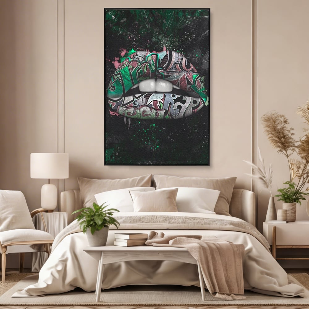 Tablou Canvas Premium LuxCanva® A1148, Green Lips ,  Decorativ, Verde, Buze, Kiss, Culori Vibrante