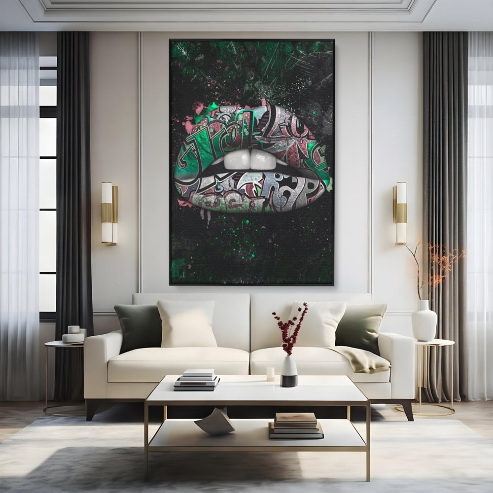 Tablou Canvas Premium LuxCanva® A1148, Green Lips ,  Decorativ, Verde, Buze, Kiss, Culori Vibrante
