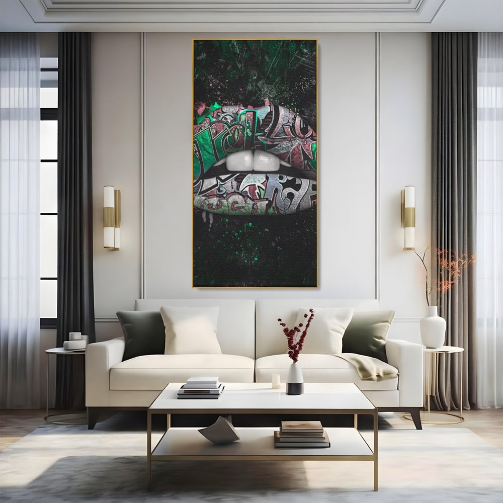 Tablou Canvas Premium LuxCanva® A1148, Green Lips ,  Decorativ, Verde, Buze, Kiss, Culori Vibrante