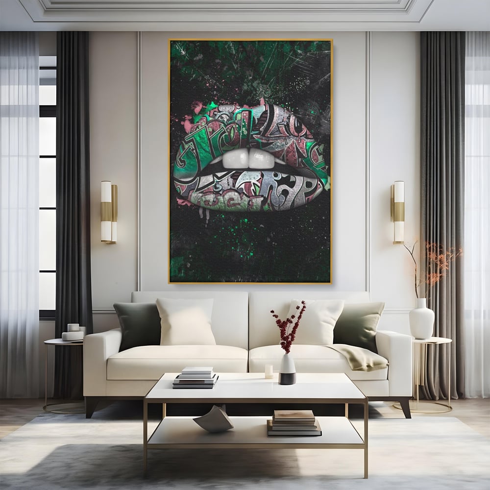 Tablou Canvas Premium LuxCanva® A1148, Green Lips ,  Decorativ, Verde, Buze, Kiss, Culori Vibrante