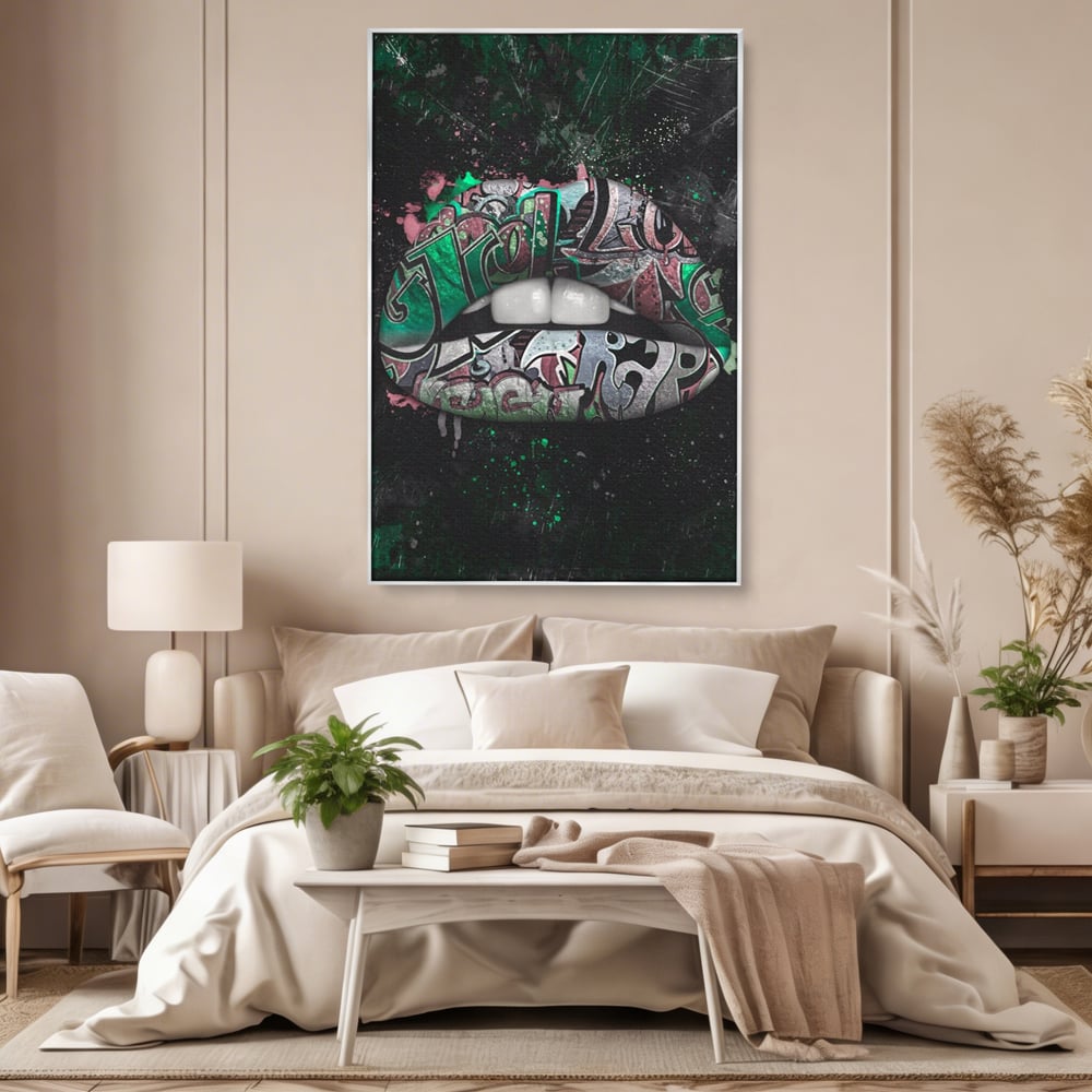 Tablou Canvas Premium LuxCanva® A1148, Green Lips ,  Decorativ, Verde, Buze, Kiss, Culori Vibrante