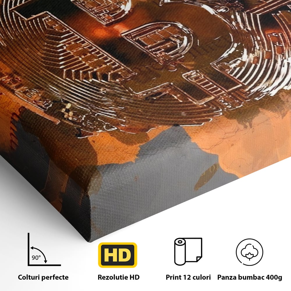 Tablou Canvas Premium LuxCanva® A1153, Moneda Bitcoin ,Moneda Digitala, BTC, Cash, Motivational, Culori Vibrante