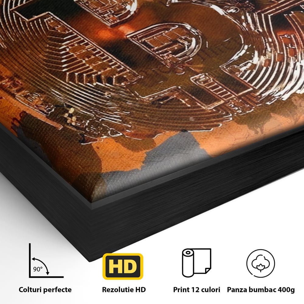 Tablou Canvas Premium LuxCanva® A1153, Moneda Bitcoin ,Moneda Digitala, BTC, Cash, Motivational, Culori Vibrante