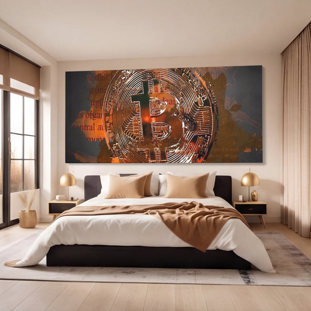 Tablou Canvas Premium LuxCanva® A1153, Moneda Bitcoin ,Moneda Digitala, BTC, Cash, Motivational, Culori Vibrante