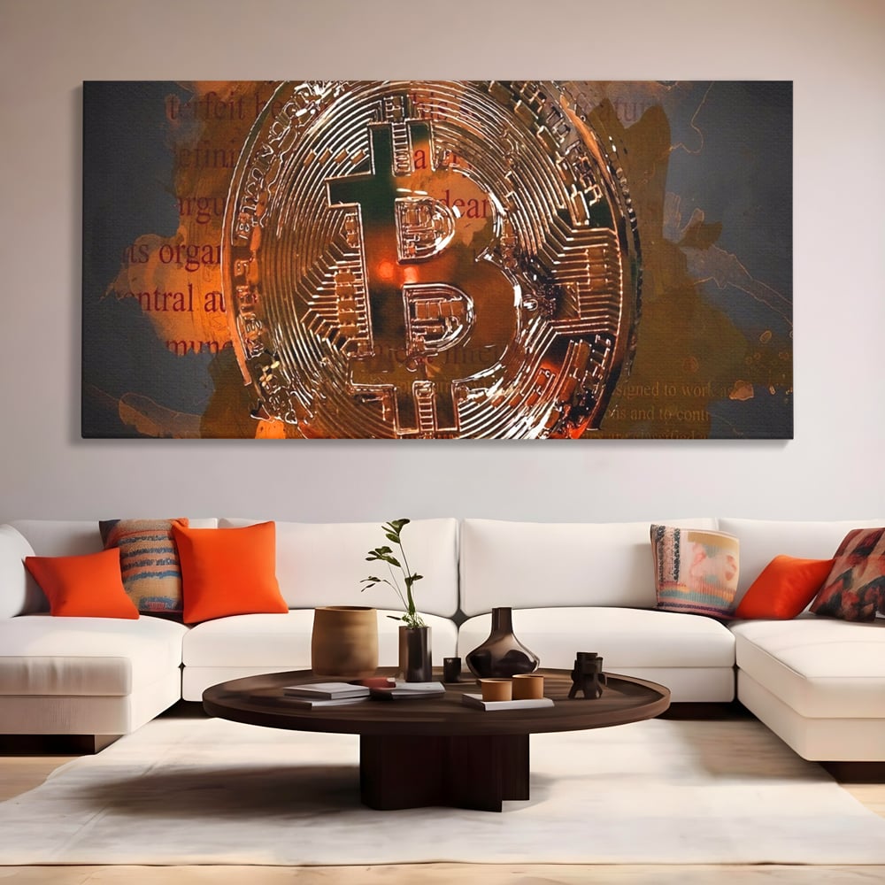 Tablou Canvas Premium LuxCanva® A1153, Moneda Bitcoin ,Moneda Digitala, BTC, Cash, Motivational, Culori Vibrante