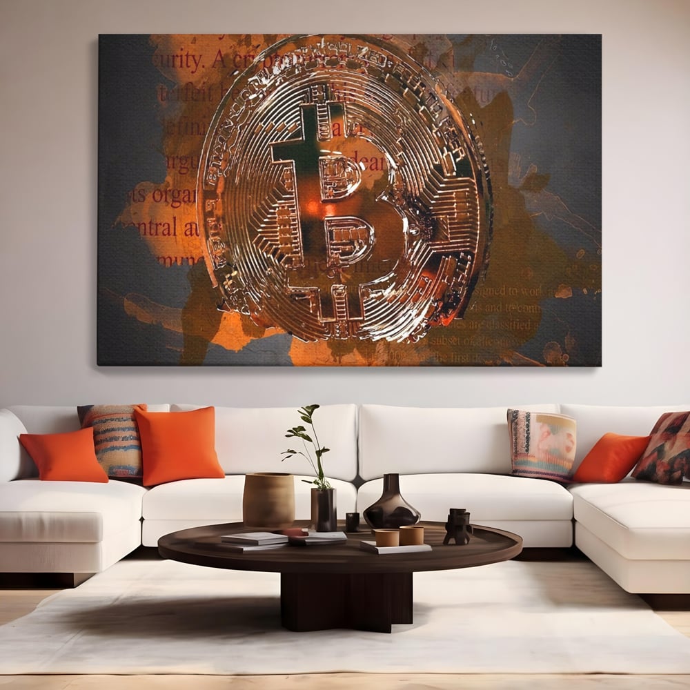 Tablou Canvas Premium LuxCanva® A1153, Moneda Bitcoin ,Moneda Digitala, BTC, Cash, Motivational, Culori Vibrante