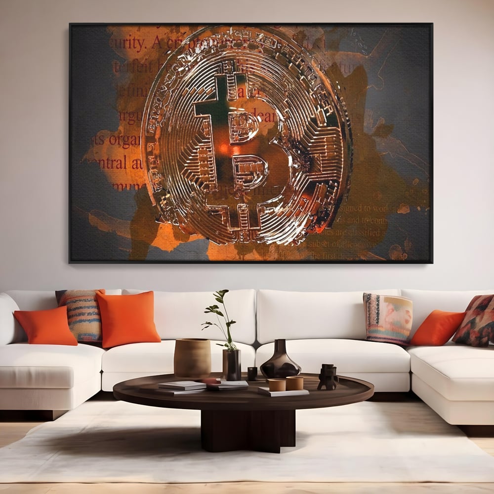 Tablou Canvas Premium LuxCanva® A1153, Moneda Bitcoin ,Moneda Digitala, BTC, Cash, Motivational, Culori Vibrante