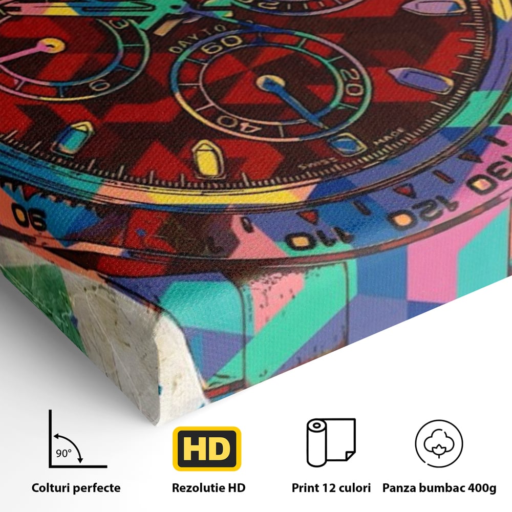 Tablou Canvas Premium, LuxCanva® A1158, Ceas Colorat, Rolex, Brand Lux, Timp, Culori Vibrante