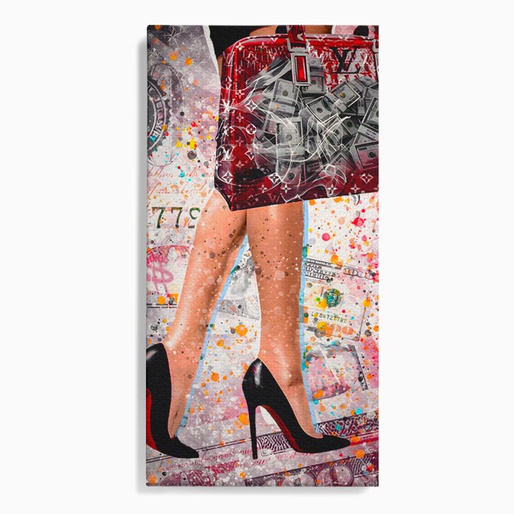 Tablou Canvas Premium LuxCanva® A1163, The Lady And Bag , Decorativ, Femeie, Pantofi, Luxury Brands, Culori Vibrante
