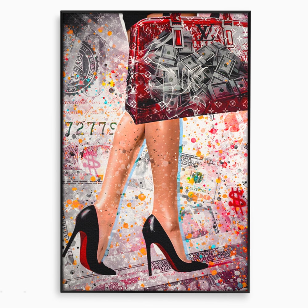 Tablou Canvas Premium LuxCanva® A1163, The Lady And Bag , Decorativ, Femeie, Pantofi, Luxury Brands, Culori Vibrante