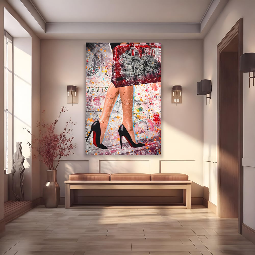 Tablou Canvas Premium LuxCanva® A1163, The Lady And Bag , Decorativ, Femeie, Pantofi, Luxury Brands, Culori Vibrante