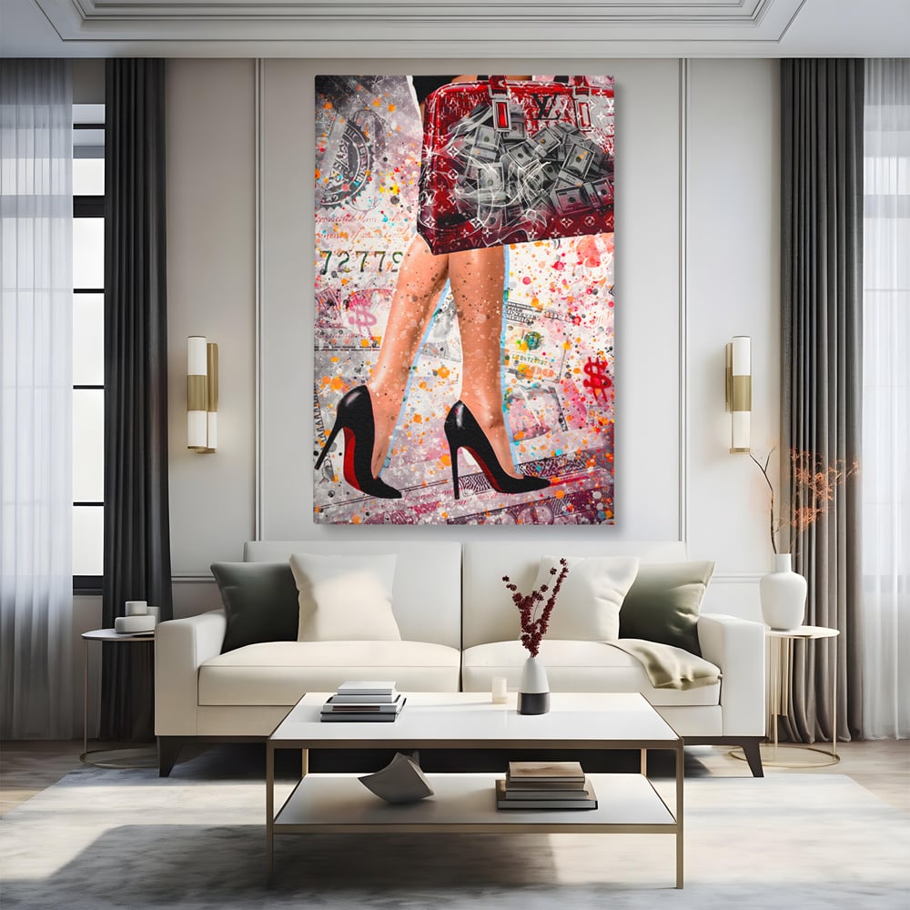 Tablou Canvas Premium LuxCanva® A1163, The Lady And Bag , Decorativ, Femeie, Pantofi, Luxury Brands, Culori Vibrante