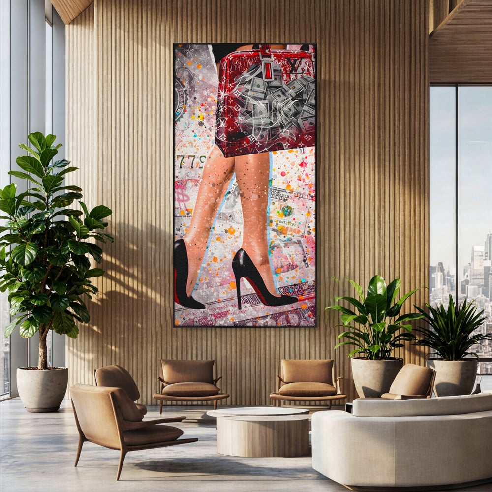 Tablou Canvas Premium LuxCanva® A1163, The Lady And Bag , Decorativ, Femeie, Pantofi, Luxury Brands, Culori Vibrante