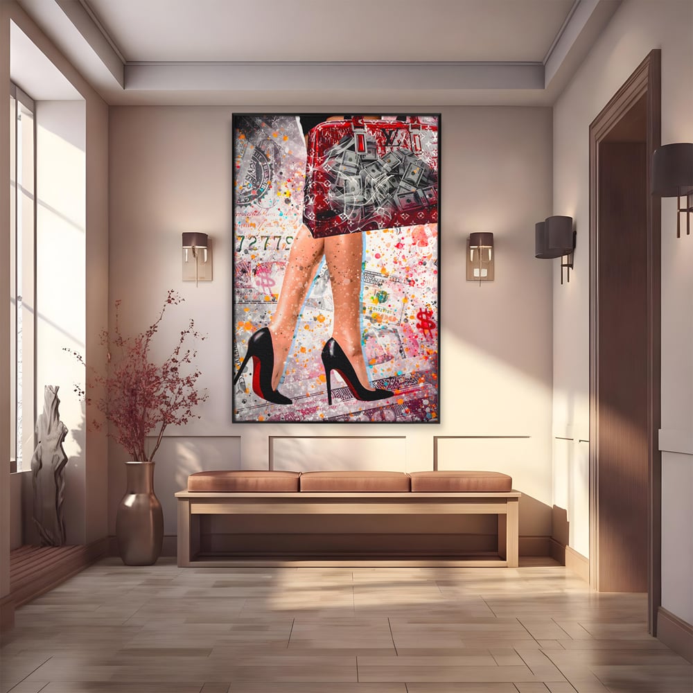 Tablou Canvas Premium LuxCanva® A1163, The Lady And Bag , Decorativ, Femeie, Pantofi, Luxury Brands, Culori Vibrante