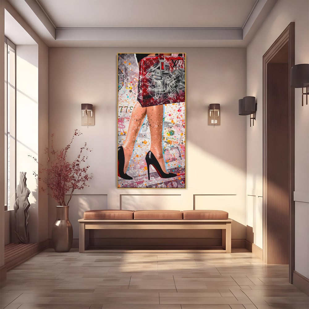 Tablou Canvas Premium LuxCanva® A1163, The Lady And Bag , Decorativ, Femeie, Pantofi, Luxury Brands, Culori Vibrante