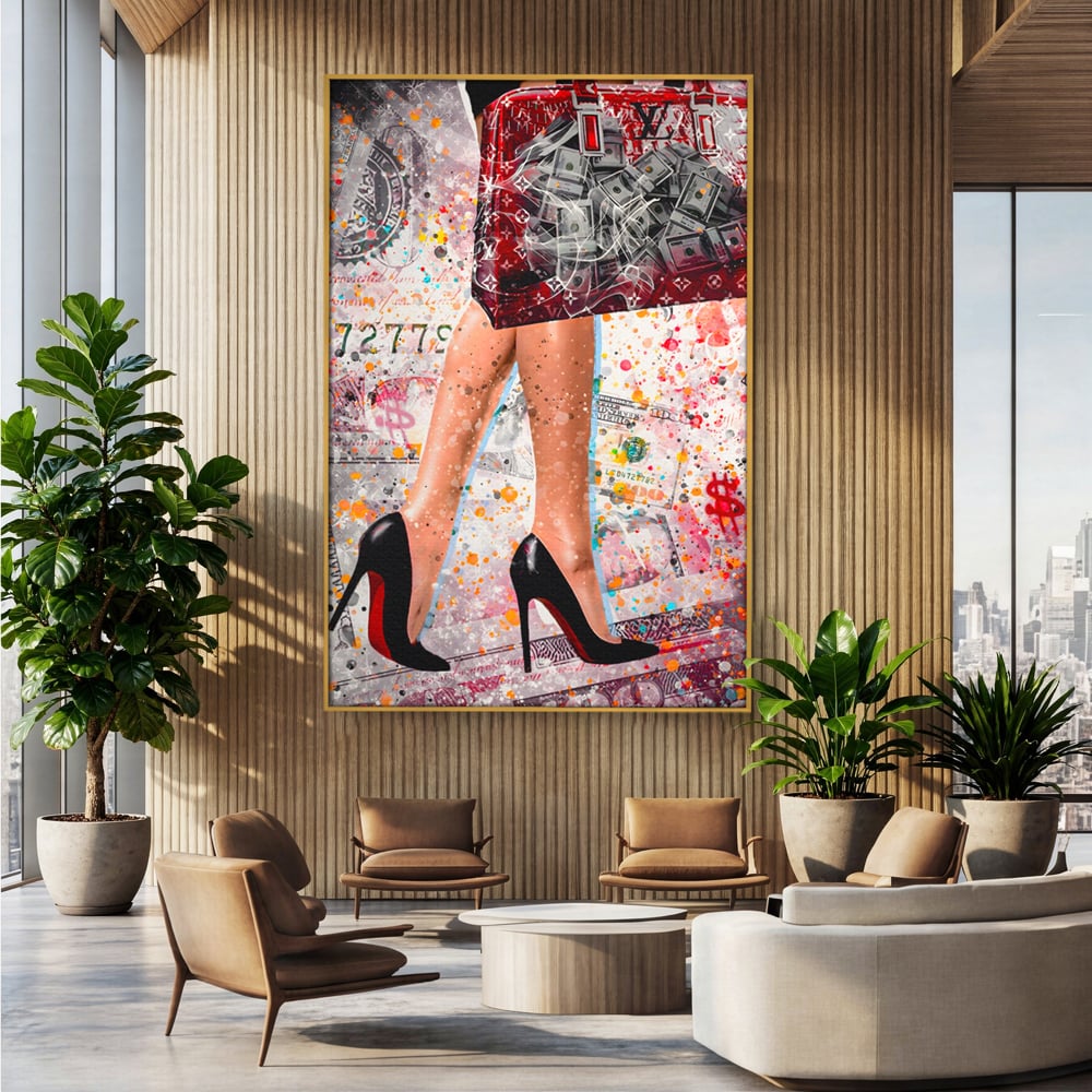 Tablou Canvas Premium LuxCanva® A1163, The Lady And Bag , Decorativ, Femeie, Pantofi, Luxury Brands, Culori Vibrante