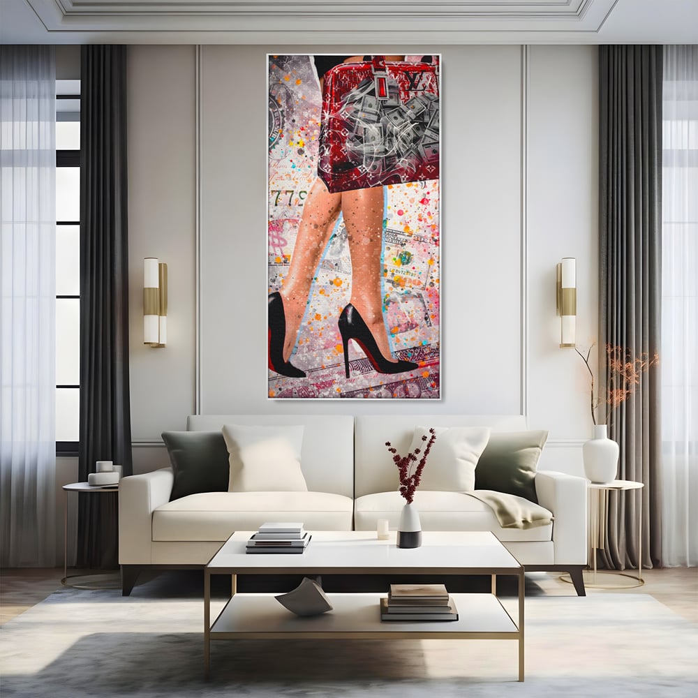 Tablou Canvas Premium LuxCanva® A1163, The Lady And Bag , Decorativ, Femeie, Pantofi, Luxury Brands, Culori Vibrante