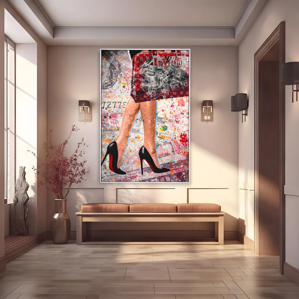Tablou Canvas Premium LuxCanva® A1163, The Lady And Bag , Decorativ, Femeie, Pantofi, Luxury Brands, Culori Vibrante