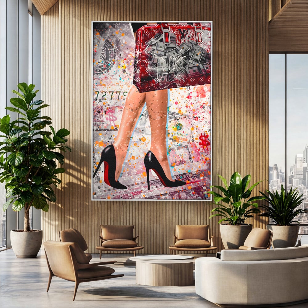Tablou Canvas Premium LuxCanva® A1163, The Lady And Bag , Decorativ, Femeie, Pantofi, Luxury Brands, Culori Vibrante