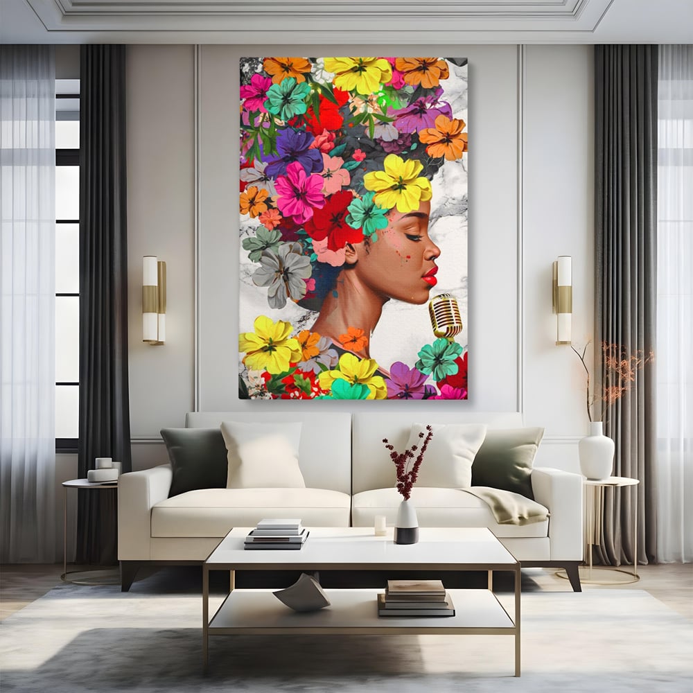 Tablou Canvas Premium LuxCanva® A1165, Fata Cu Flori ,  Decorativ, Colorat, Cantareata, Culori Vibrante