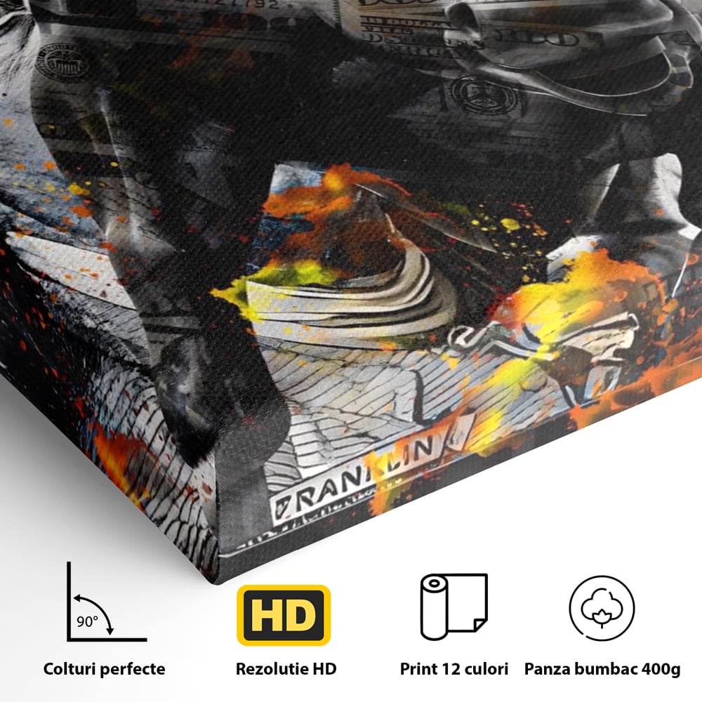 Tablou Canvas Premium LuxCanva® A1166, Dollar Bull , Decorativ, Benjamin Franklin, Cash, USD, Culori Vibrante