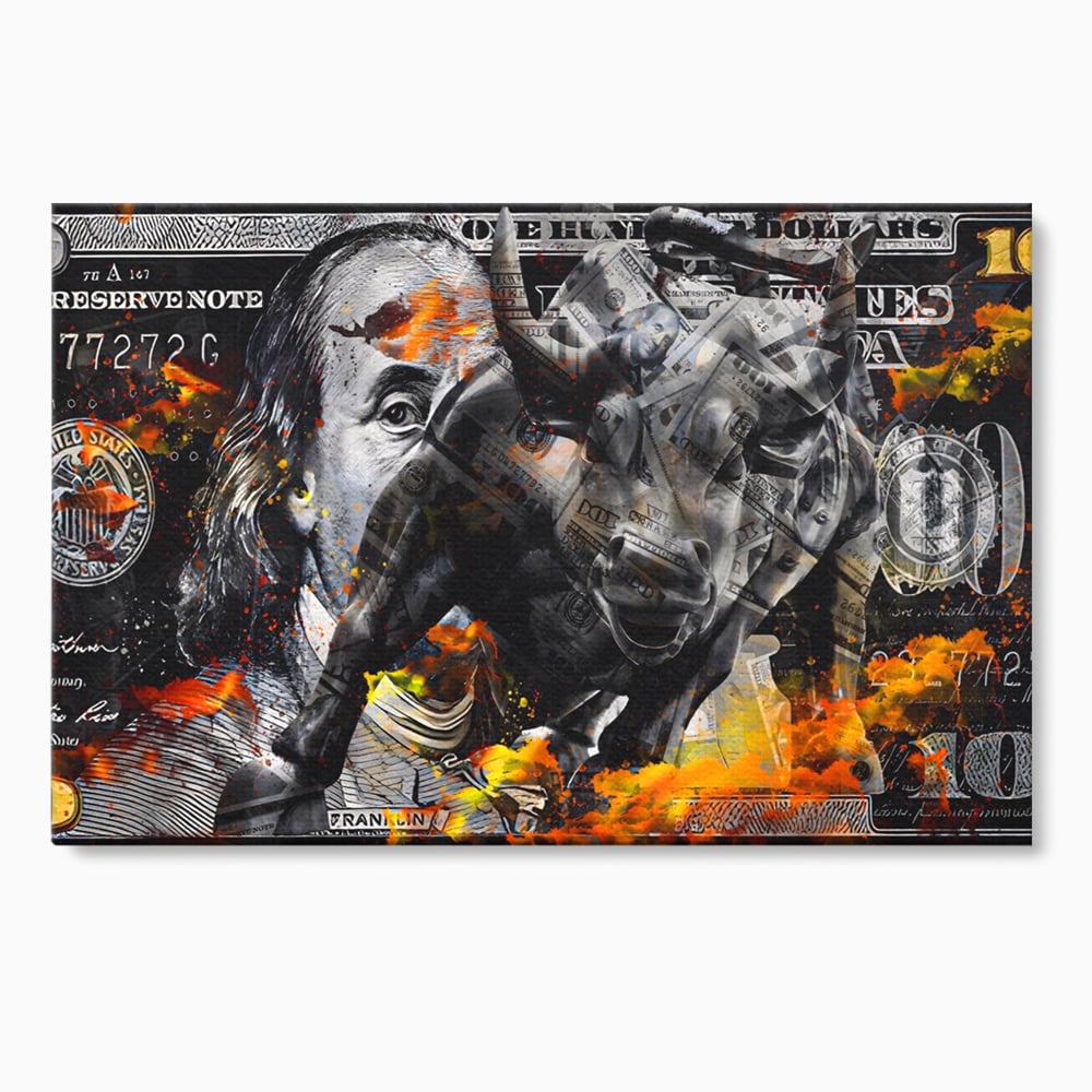 Tablou Canvas Premium LuxCanva® A1166, Dollar Bull , Decorativ, Benjamin Franklin, Cash, USD, Culori Vibrante