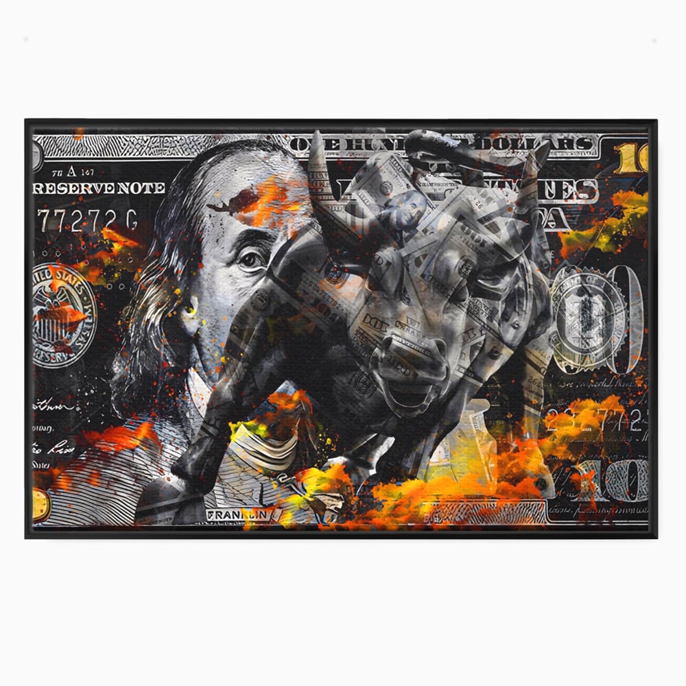 Tablou Canvas Premium LuxCanva® A1166, Dollar Bull , Decorativ, Benjamin Franklin, Cash, USD, Culori Vibrante