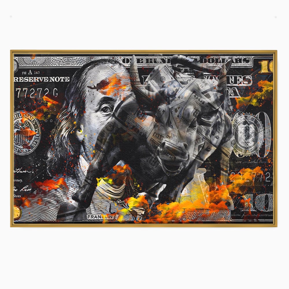 Tablou Canvas Premium LuxCanva® A1166, Dollar Bull , Decorativ, Benjamin Franklin, Cash, USD, Culori Vibrante