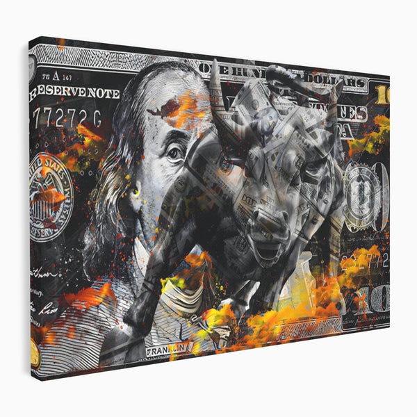 Tablou Canvas Premium LuxCanva® A1166, Dollar Bull , Decorativ, Benjamin Franklin, Cash, USD, Culori Vibrante