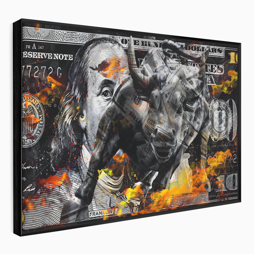 Tablou Canvas Premium LuxCanva® A1166, Dollar Bull , Decorativ, Benjamin Franklin, Cash, USD, Culori Vibrante