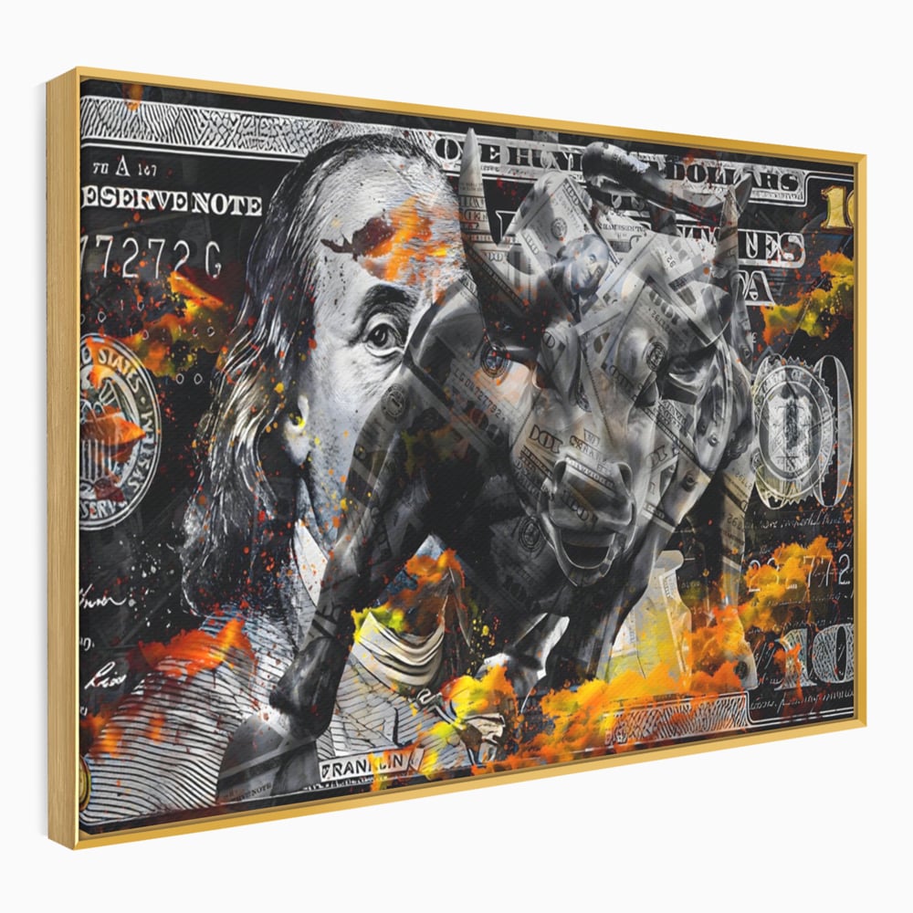 Tablou Canvas Premium LuxCanva® A1166, Dollar Bull , Decorativ, Benjamin Franklin, Cash, USD, Culori Vibrante