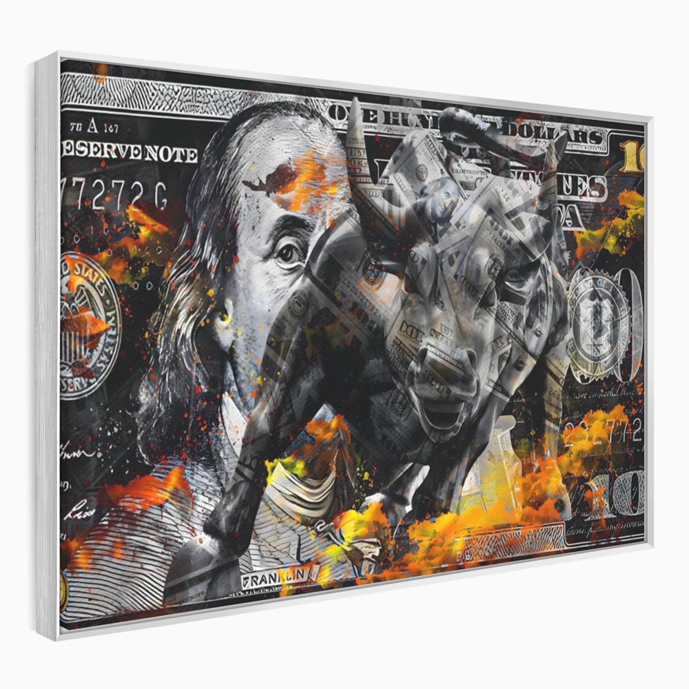 Tablou Canvas Premium LuxCanva® A1166, Dollar Bull , Decorativ, Benjamin Franklin, Cash, USD, Culori Vibrante