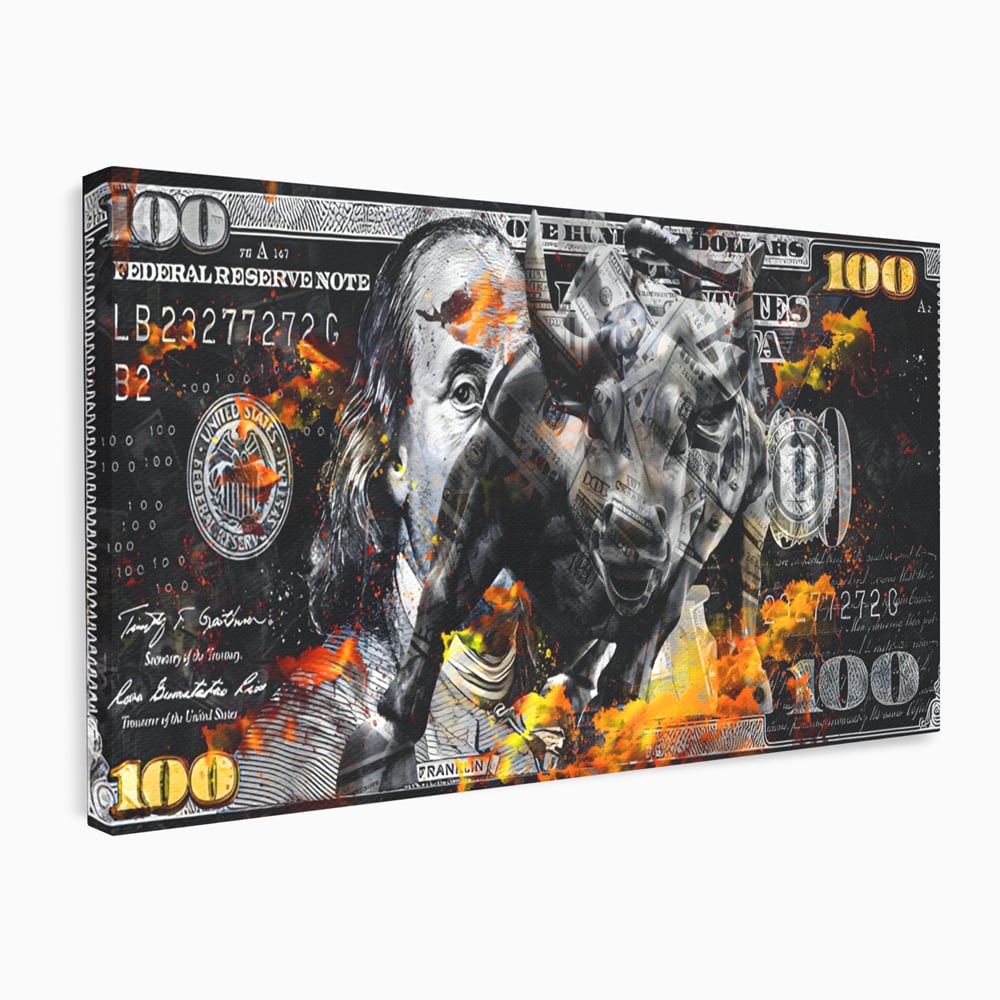 Tablou Canvas Premium LuxCanva® A1166, Dollar Bull , Decorativ, Benjamin Franklin, Cash, USD, Culori Vibrante
