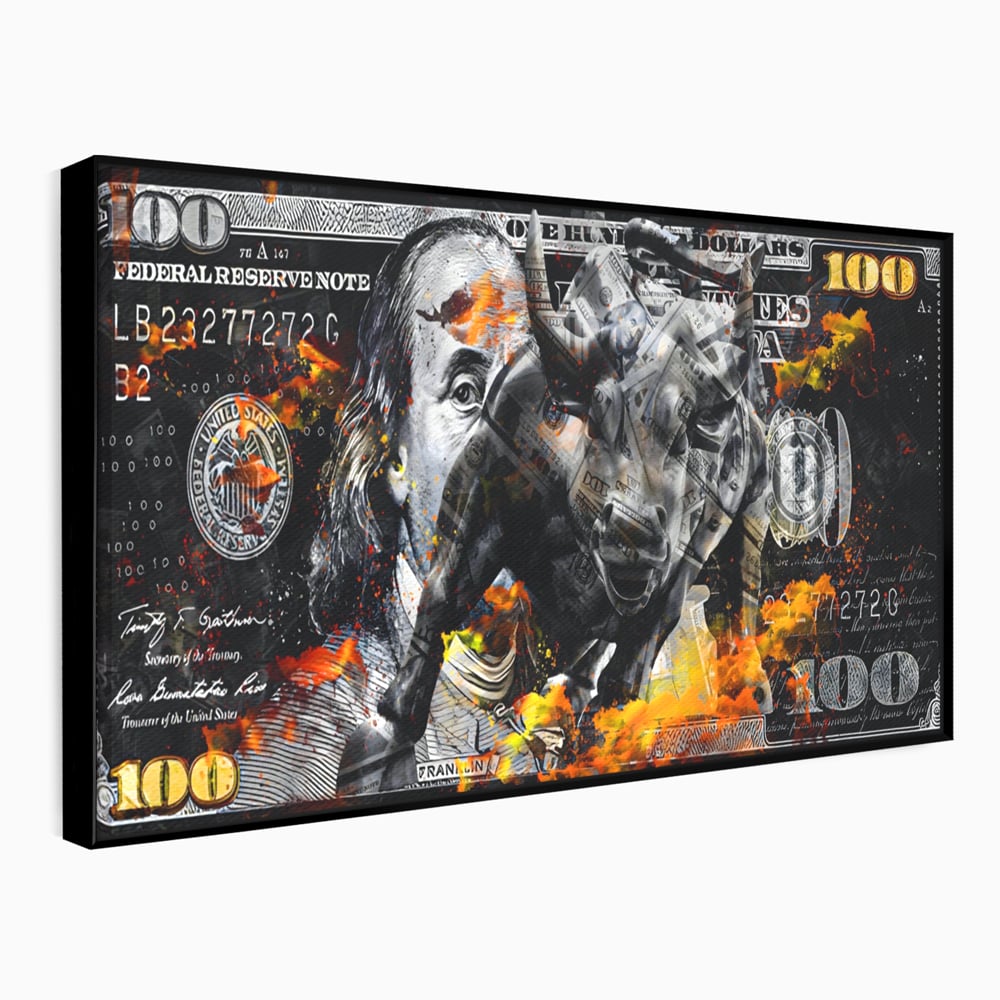 Tablou Canvas Premium LuxCanva® A1166, Dollar Bull , Decorativ, Benjamin Franklin, Cash, USD, Culori Vibrante