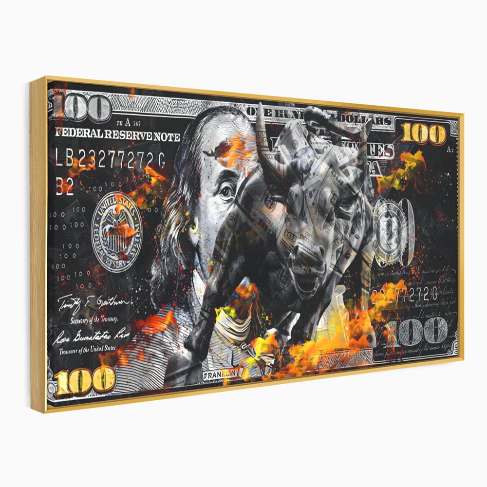 Tablou Canvas Premium LuxCanva® A1166, Dollar Bull , Decorativ, Benjamin Franklin, Cash, USD, Culori Vibrante
