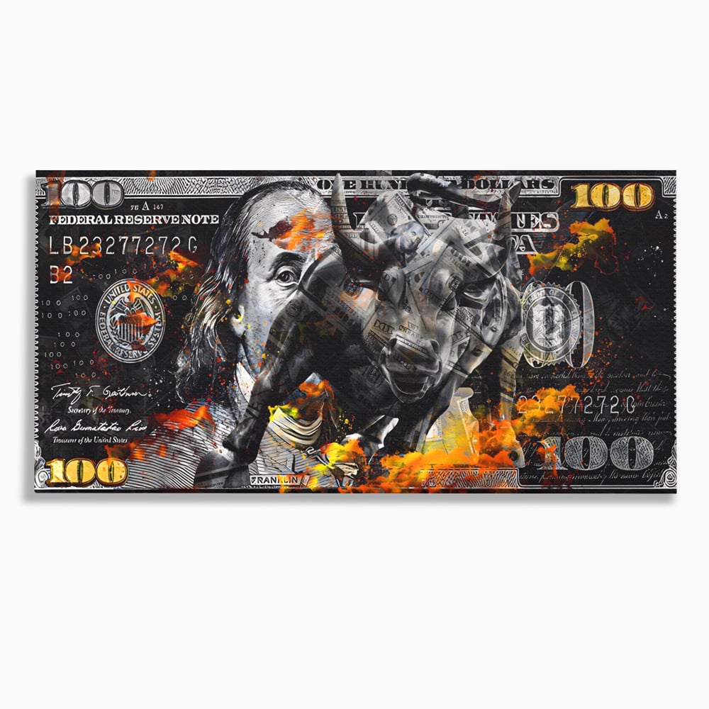 Tablou Canvas Premium LuxCanva® A1166, Dollar Bull , Decorativ, Benjamin Franklin, Cash, USD, Culori Vibrante