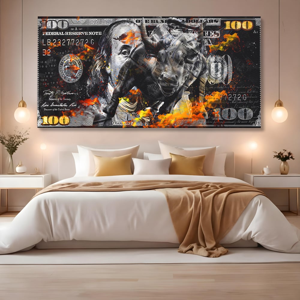 Tablou Canvas Premium LuxCanva® A1166, Dollar Bull , Decorativ, Benjamin Franklin, Cash, USD, Culori Vibrante