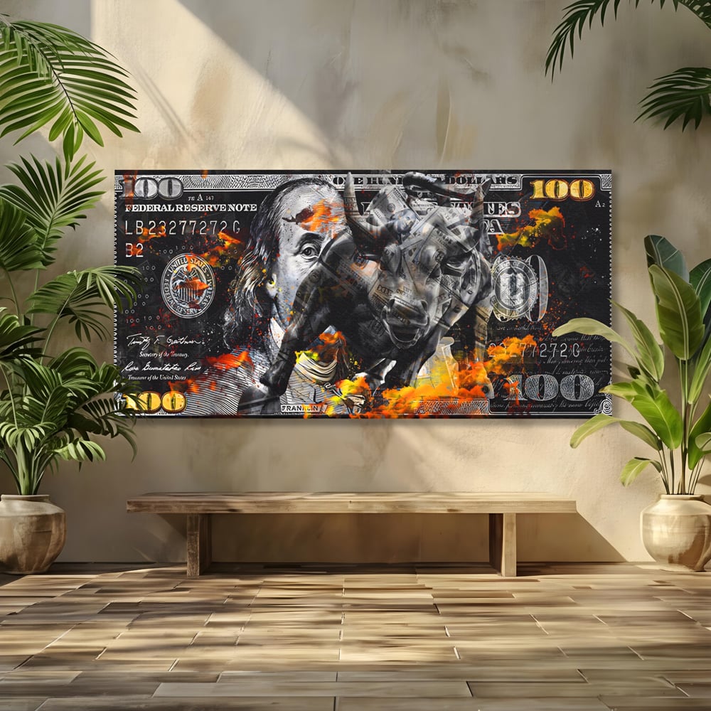 Tablou Canvas Premium LuxCanva® A1166, Dollar Bull , Decorativ, Benjamin Franklin, Cash, USD, Culori Vibrante