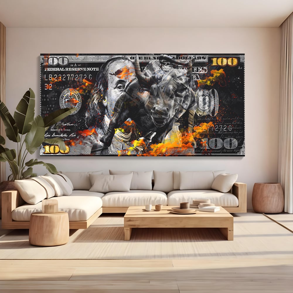 Tablou Canvas Premium LuxCanva® A1166, Dollar Bull , Decorativ, Benjamin Franklin, Cash, USD, Culori Vibrante