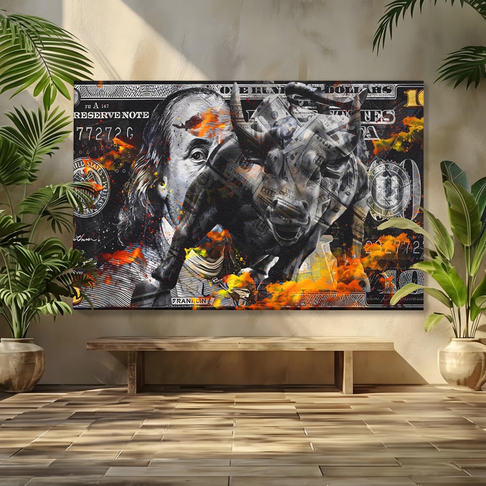 Tablou Canvas Premium LuxCanva® A1166, Dollar Bull , Decorativ, Benjamin Franklin, Cash, USD, Culori Vibrante