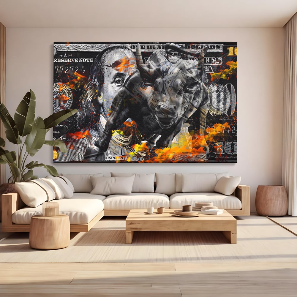 Tablou Canvas Premium LuxCanva® A1166, Dollar Bull , Decorativ, Benjamin Franklin, Cash, USD, Culori Vibrante