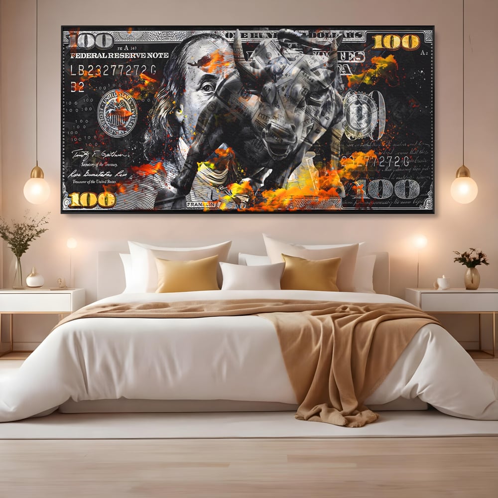 Tablou Canvas Premium LuxCanva® A1166, Dollar Bull , Decorativ, Benjamin Franklin, Cash, USD, Culori Vibrante