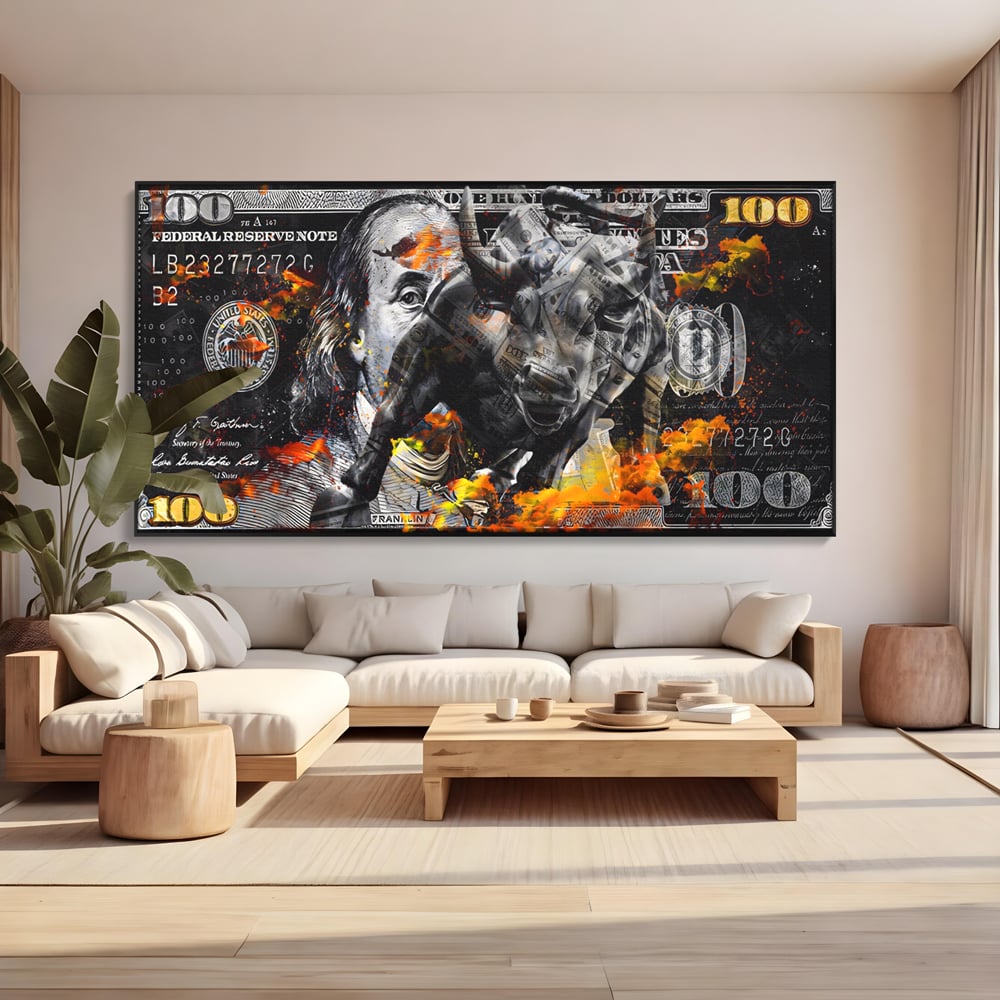 Tablou Canvas Premium LuxCanva® A1166, Dollar Bull , Decorativ, Benjamin Franklin, Cash, USD, Culori Vibrante