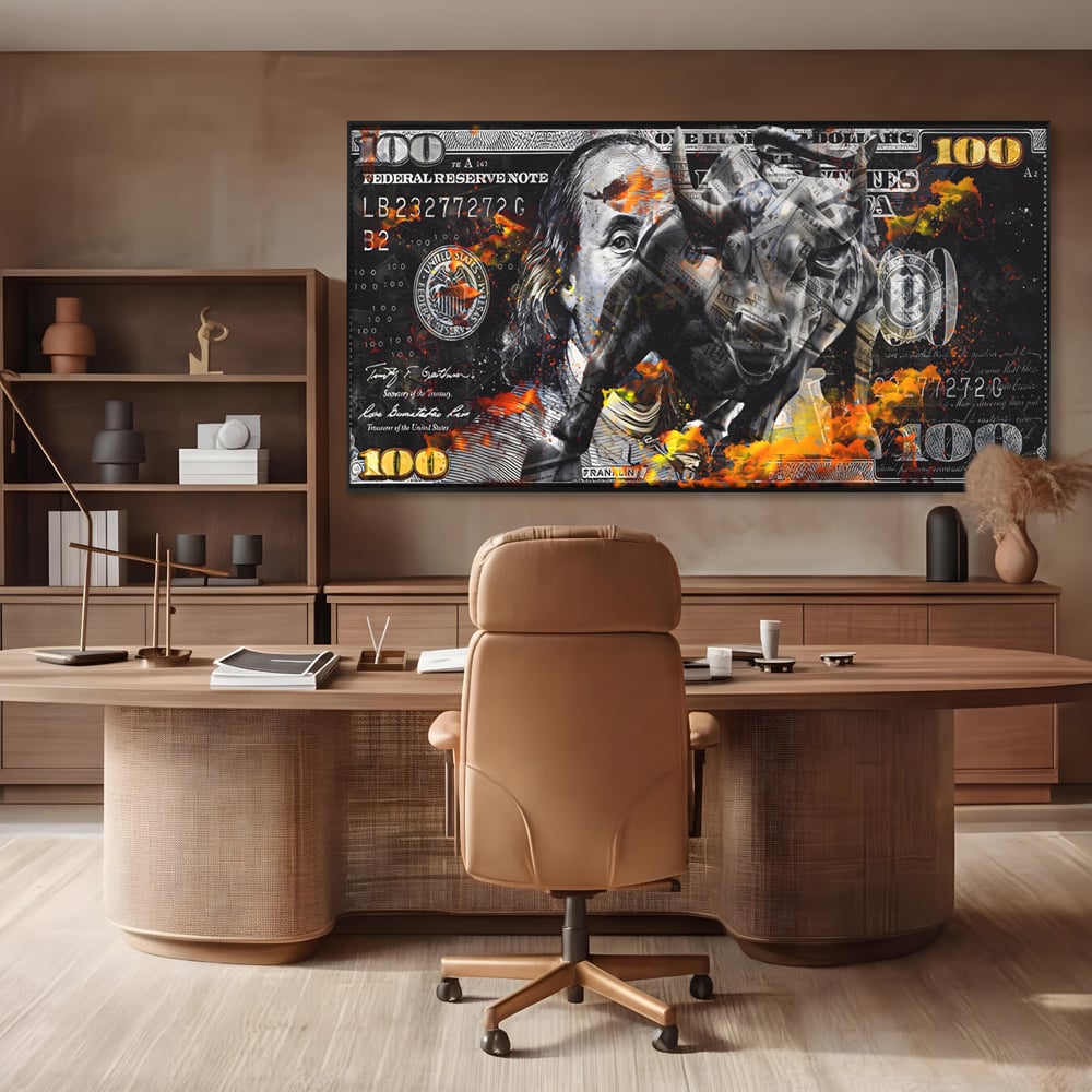 Tablou Canvas Premium LuxCanva® A1166, Dollar Bull , Decorativ, Benjamin Franklin, Cash, USD, Culori Vibrante