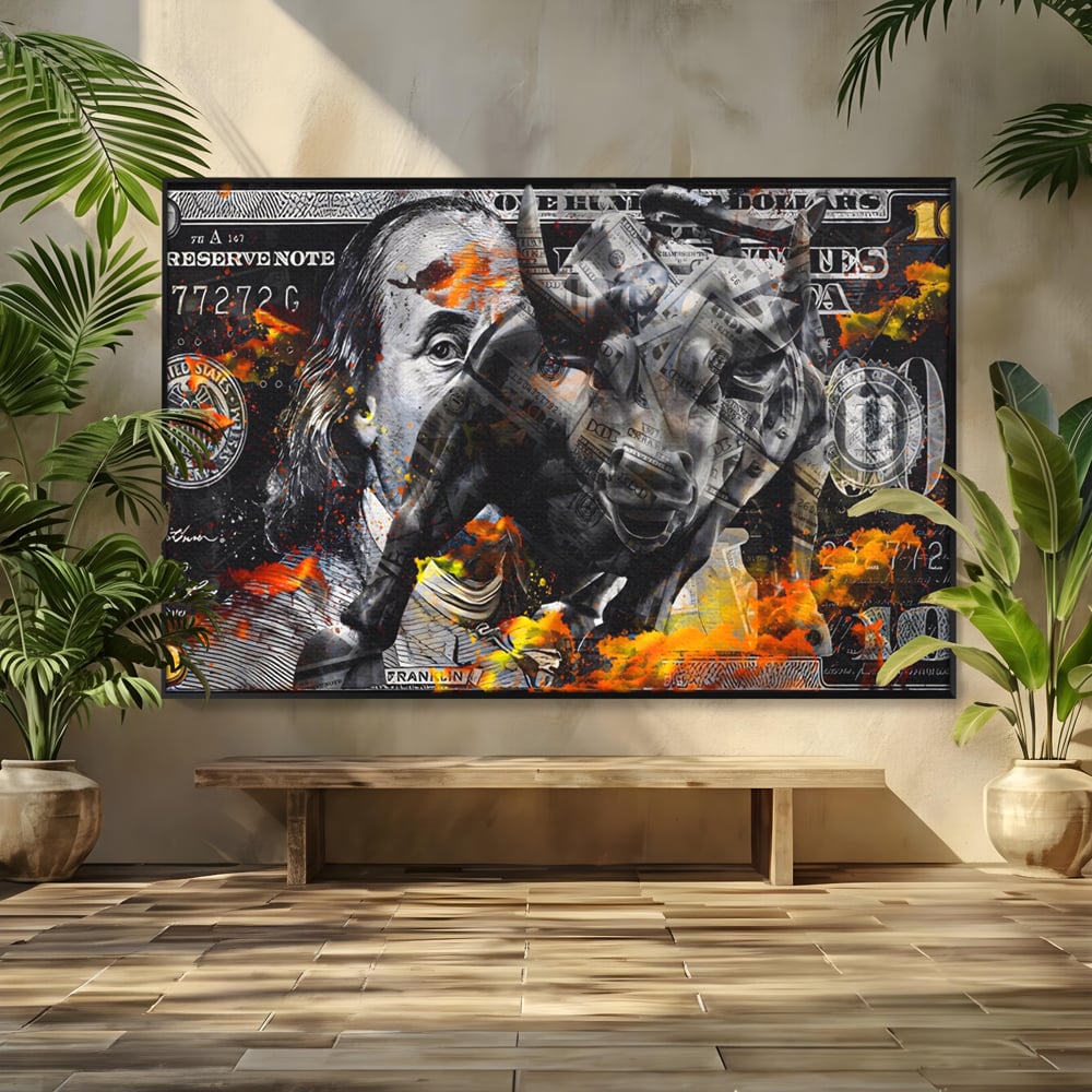 Tablou Canvas Premium LuxCanva® A1166, Dollar Bull , Decorativ, Benjamin Franklin, Cash, USD, Culori Vibrante